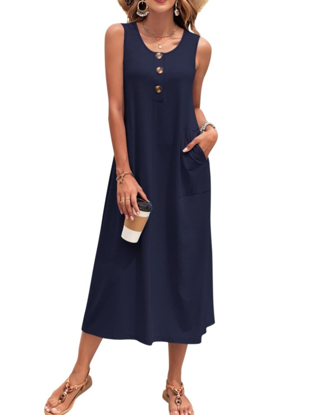 ๐ Women's Summer Dress Sleeveless Casual Beach Long A Line Sun Dress with - Picture 3 of 3